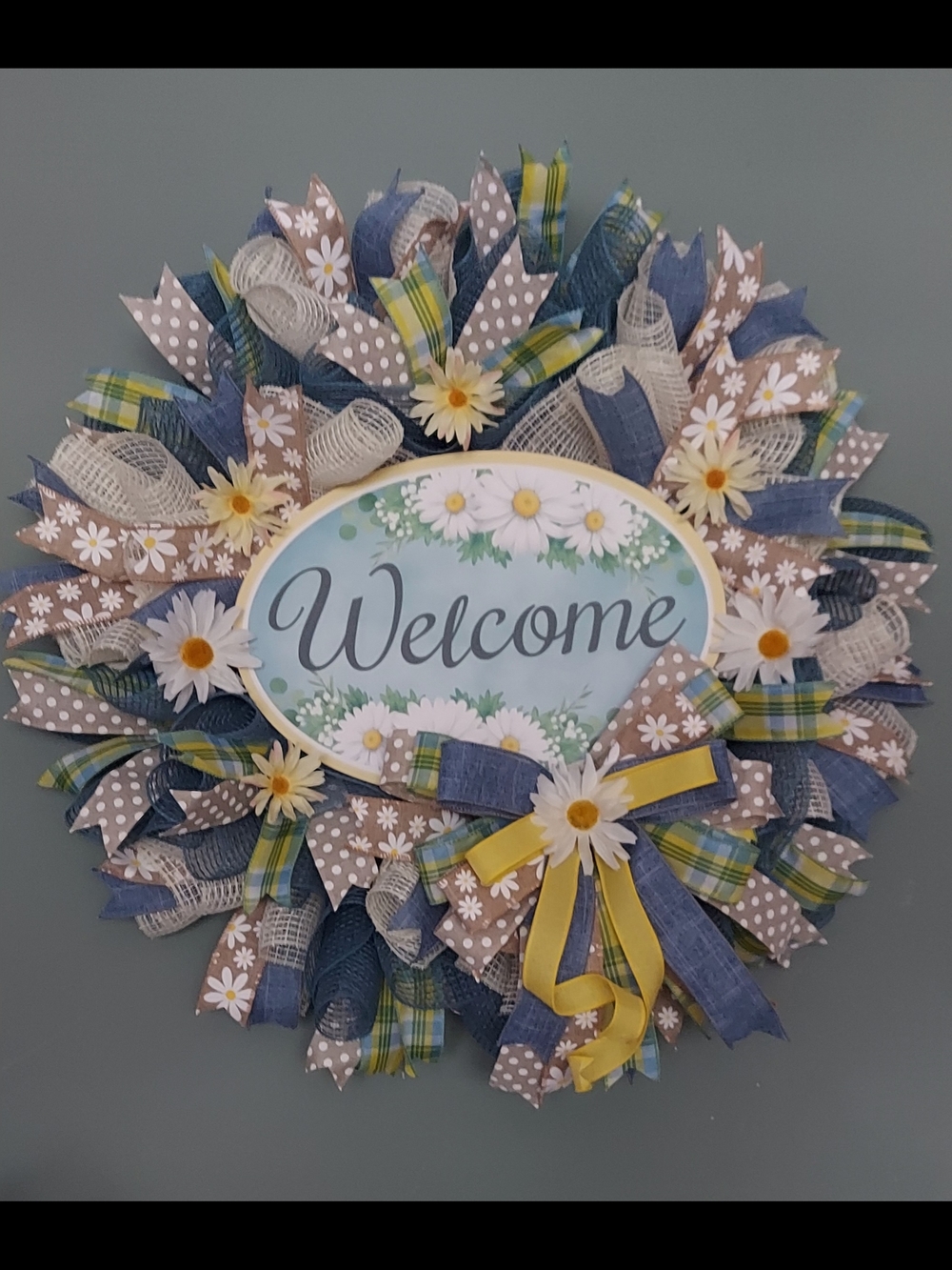 Welcome Floral Daisy Wreath in Blue, Yellow, Cream